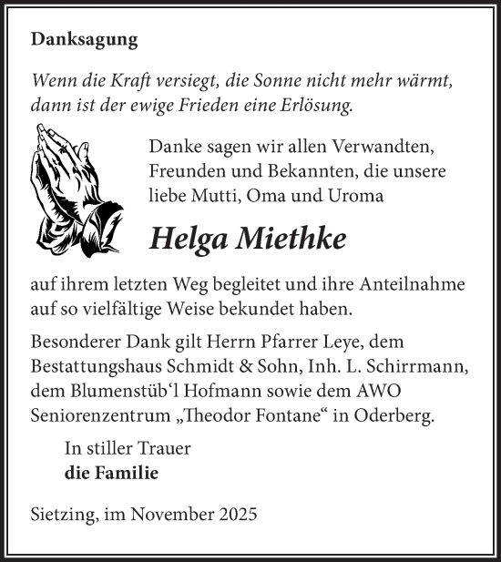 Traueranzeige von Helga Miethke von MO Oderld.-Echo