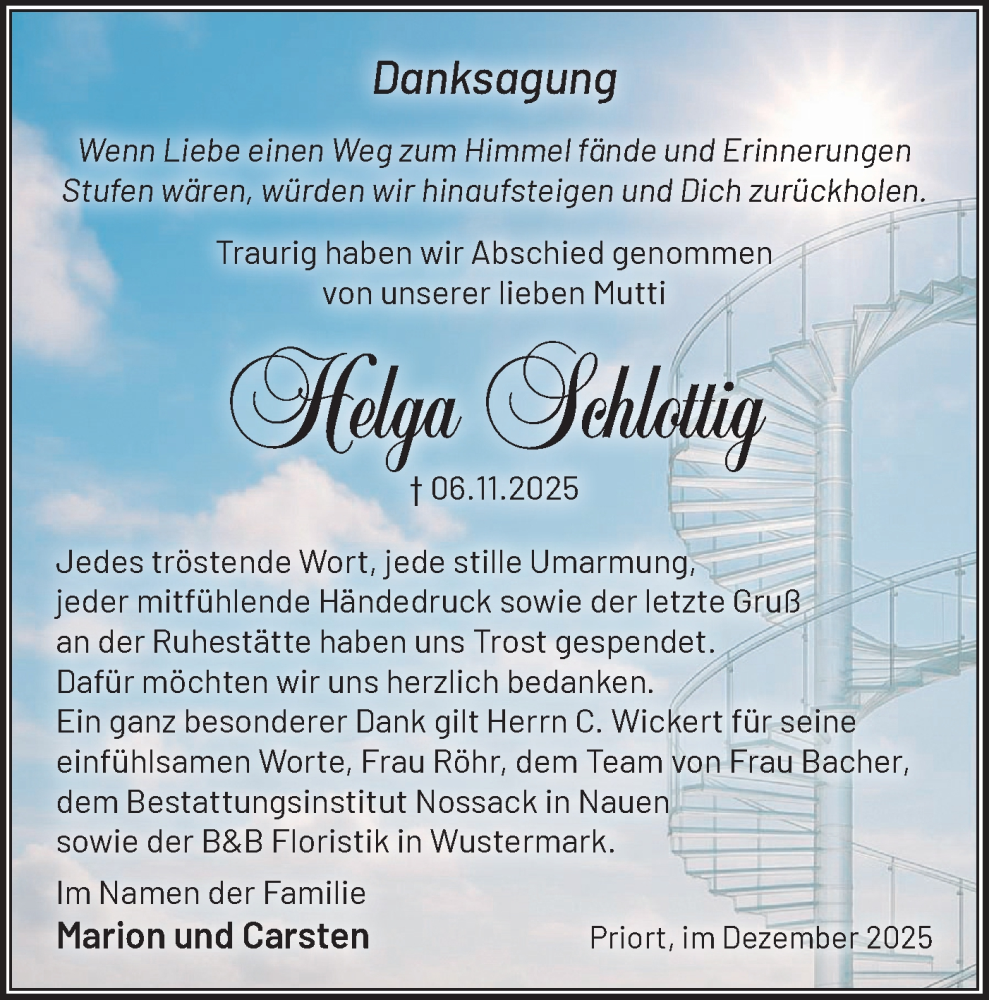  Traueranzeige für Helga Schlottig vom 13.12.2025 aus Märkische Oderzeitung