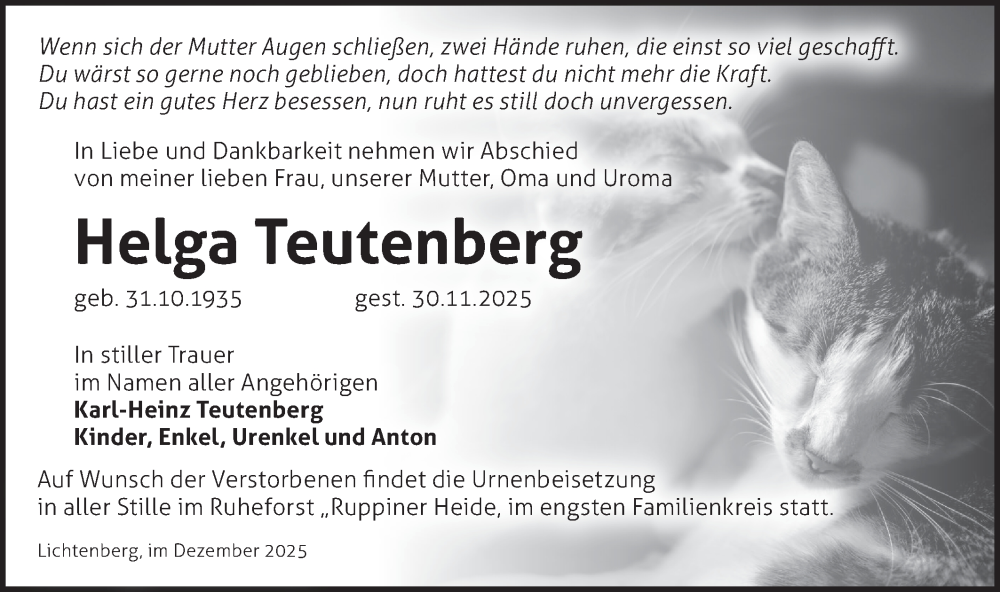  Traueranzeige für Helga Teutenberg vom 06.12.2025 aus Märkische Oderzeitung