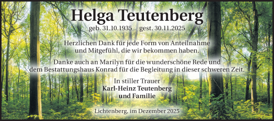 Traueranzeige von Helga Teutenberg von Märkische Oderzeitung