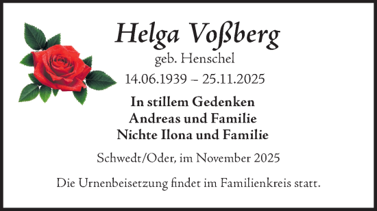 Traueranzeige von Helga Voßberg von MO Uckerm.-Anz.