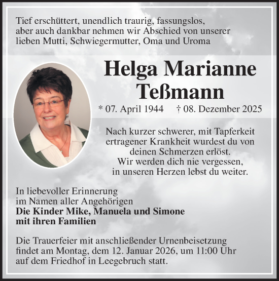 Traueranzeige von Helga Marianne Teßmann von Märkische Oderzeitung