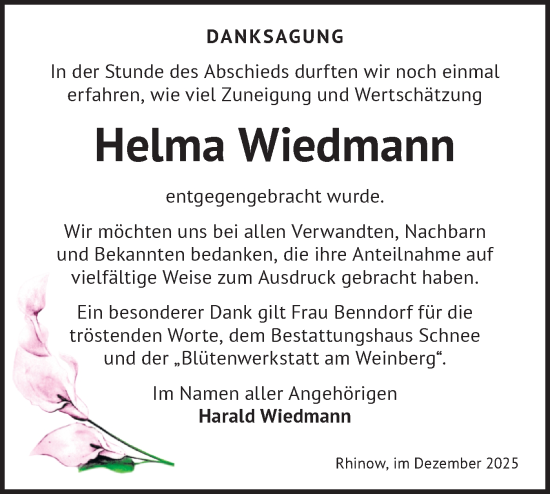 Traueranzeige von Helma Wiedmann von Märkische Oderzeitung