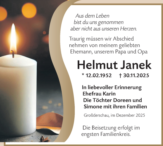 Traueranzeige von Helmut Janek von Märkische Oderzeitung