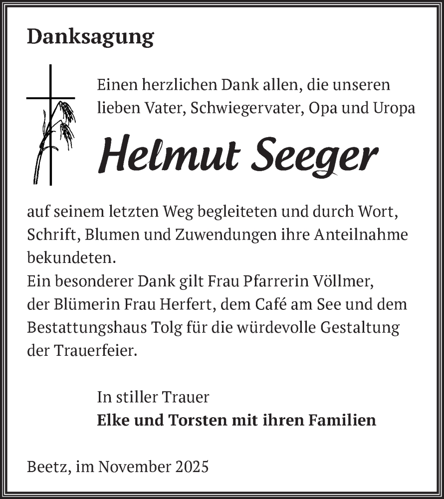  Traueranzeige für Helmut Seeger vom 06.12.2025 aus Märkische Oderzeitung