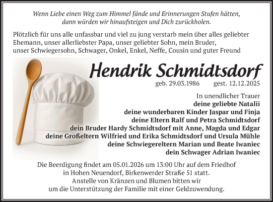 Traueranzeige von Hendrik Schmidtsdorf von Märkische Oderzeitung