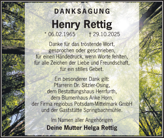 Traueranzeige von Henry Rettig von Märkische Oderzeitung