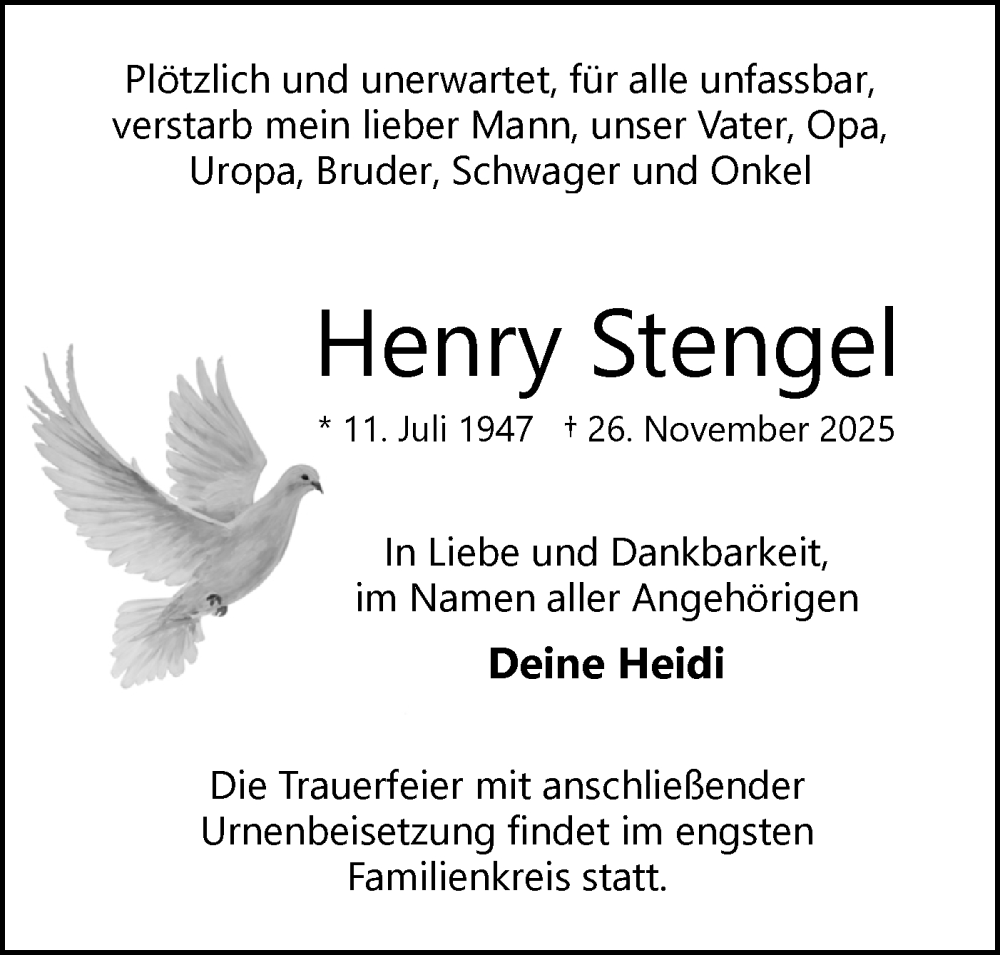  Traueranzeige für Henry Stengel vom 06.12.2025 aus Märkische Oderzeitung