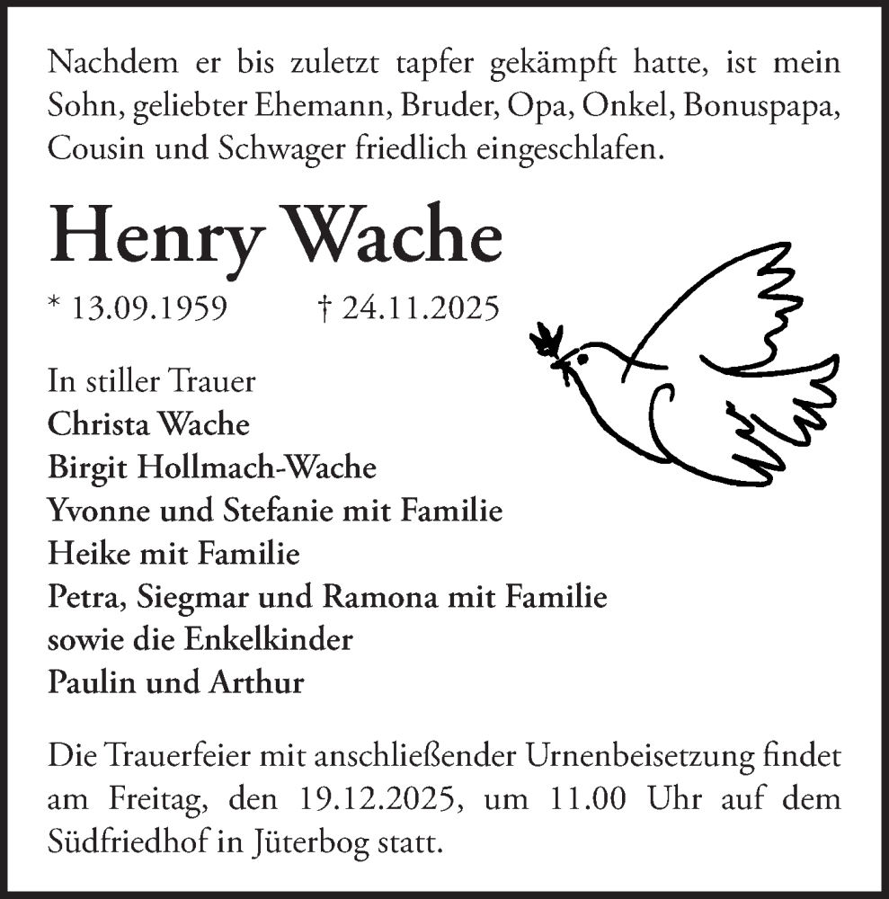  Traueranzeige für Henry Wache vom 06.12.2025 aus Blickpunkt Jüterbog/Luckenwalde
