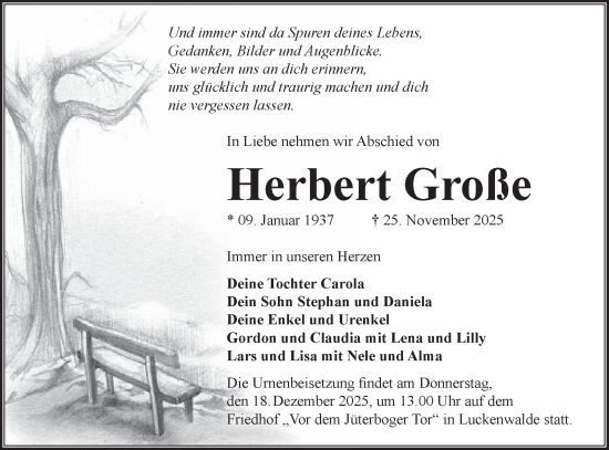 Traueranzeige von Herbert Große von Blickpunkt Jüterbog/Luckenwalde