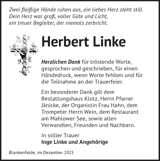 Traueranzeige von Herbert Linke von Blickpunkt Ludwigsfelde/Zossen