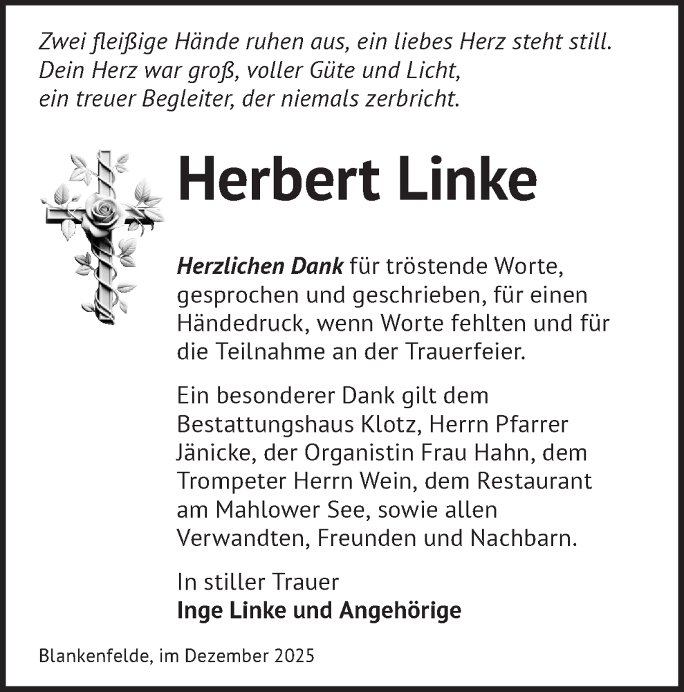  Traueranzeige für Herbert Linke vom 20.12.2025 aus Blickpunkt Ludwigsfelde/Zossen