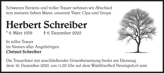 Traueranzeige von Herbert Schreiber von Märkische Oderzeitung