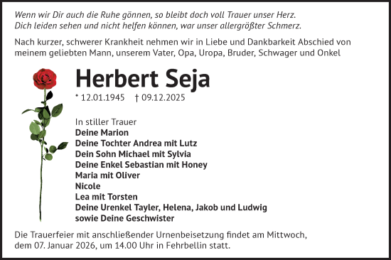 Traueranzeige von Herbert Seja von Märkische Oderzeitung