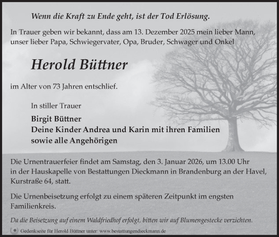 Traueranzeige von Herold Büttner von Märkische Oderzeitung