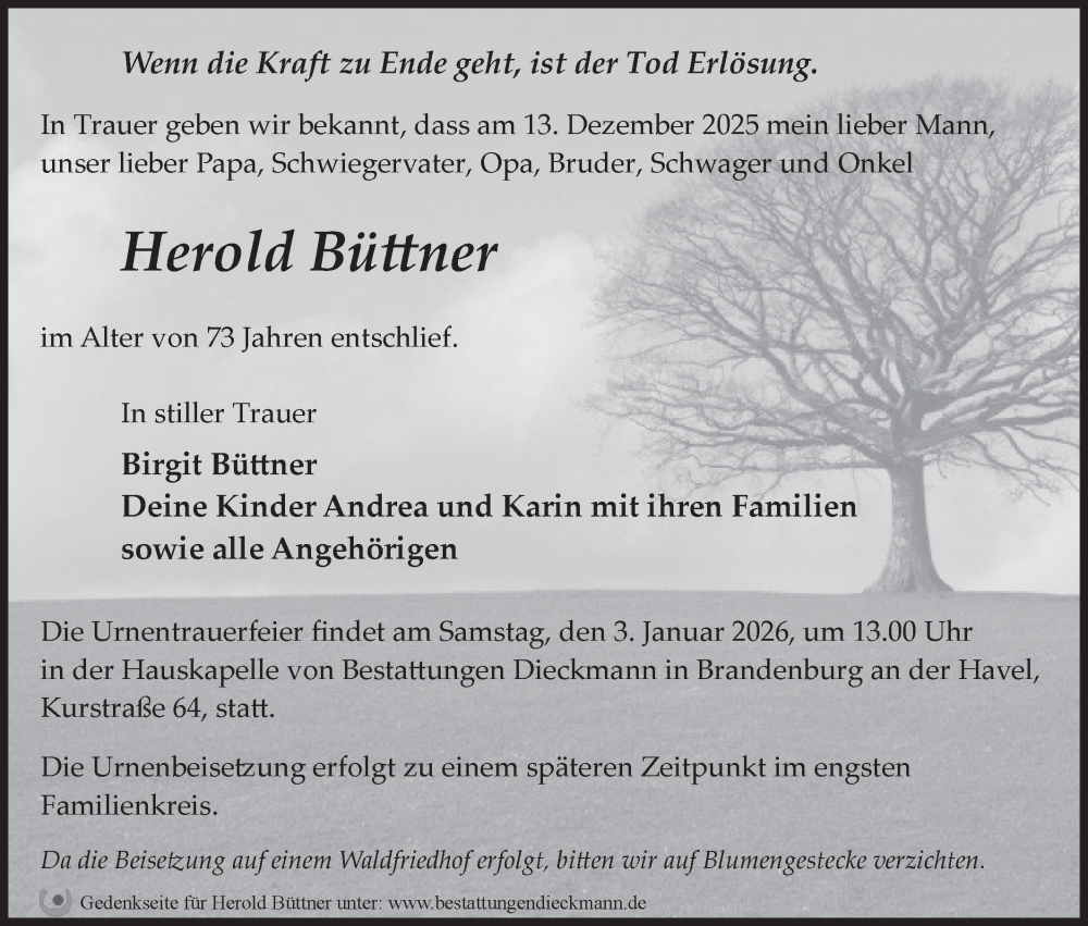  Traueranzeige für Herold Büttner vom 20.12.2025 aus Märkische Oderzeitung