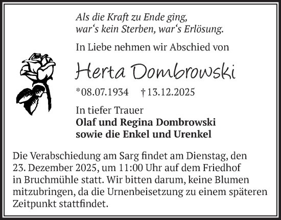 Traueranzeige von Herta Dombrowski von Märkische Oderzeitung