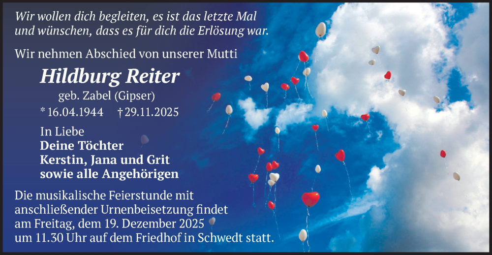  Traueranzeige für Hildburg Reiter vom 09.12.2025 aus MO Uckerm.-Anz.
