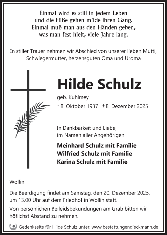 Traueranzeige von Hilde Schulz von Märkische Oderzeitung