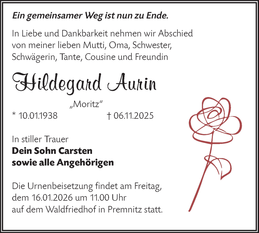  Traueranzeige für Hildegard Aurin vom 20.12.2025 aus Märkische Oderzeitung