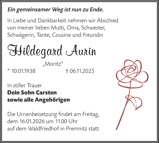 Traueranzeige von Hildegard Aurin von Märkische Oderzeitung