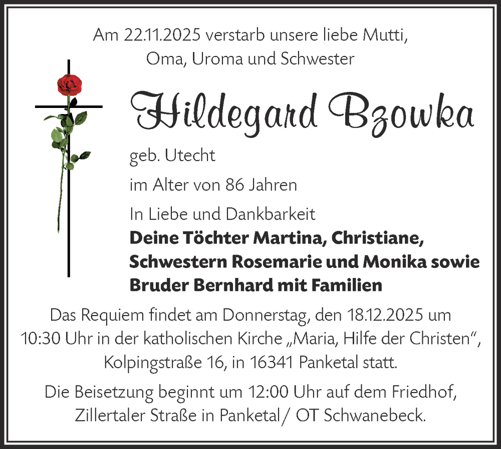  Traueranzeige für Hildegard Bzowka vom 06.12.2025 aus Märkische Oderzeitung