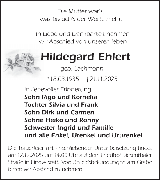 Traueranzeige von Hildegard Ehlert von Märkische Oderzeitung