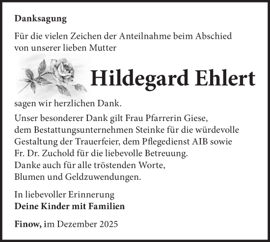Traueranzeige von Hildegard Ehlert von Märkische Oderzeitung