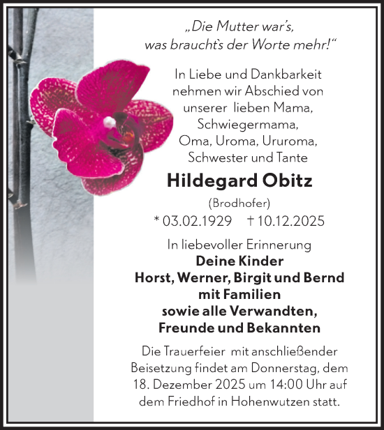 Traueranzeige von Hildegard Obitz von MO Oderld.-Echo