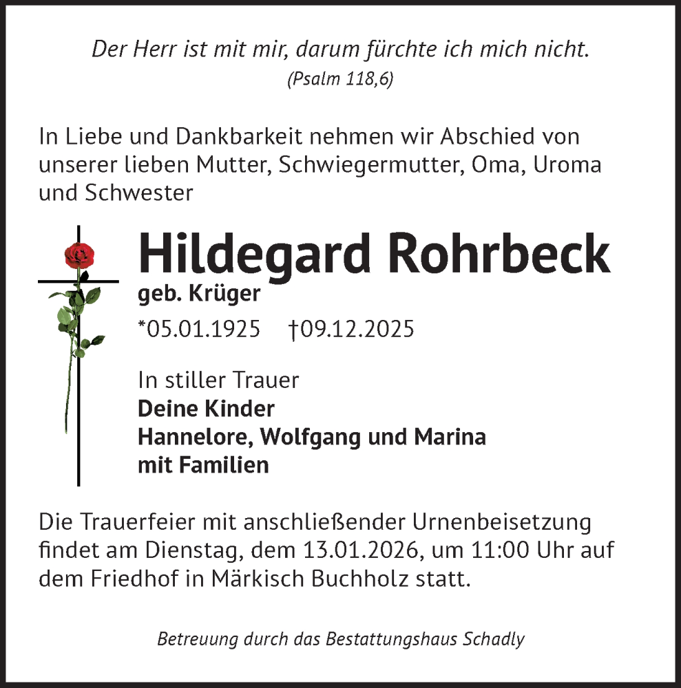  Traueranzeige für Hildegard Rohrbeck vom 20.12.2025 aus Blickpunkt Königs Wusterhausen