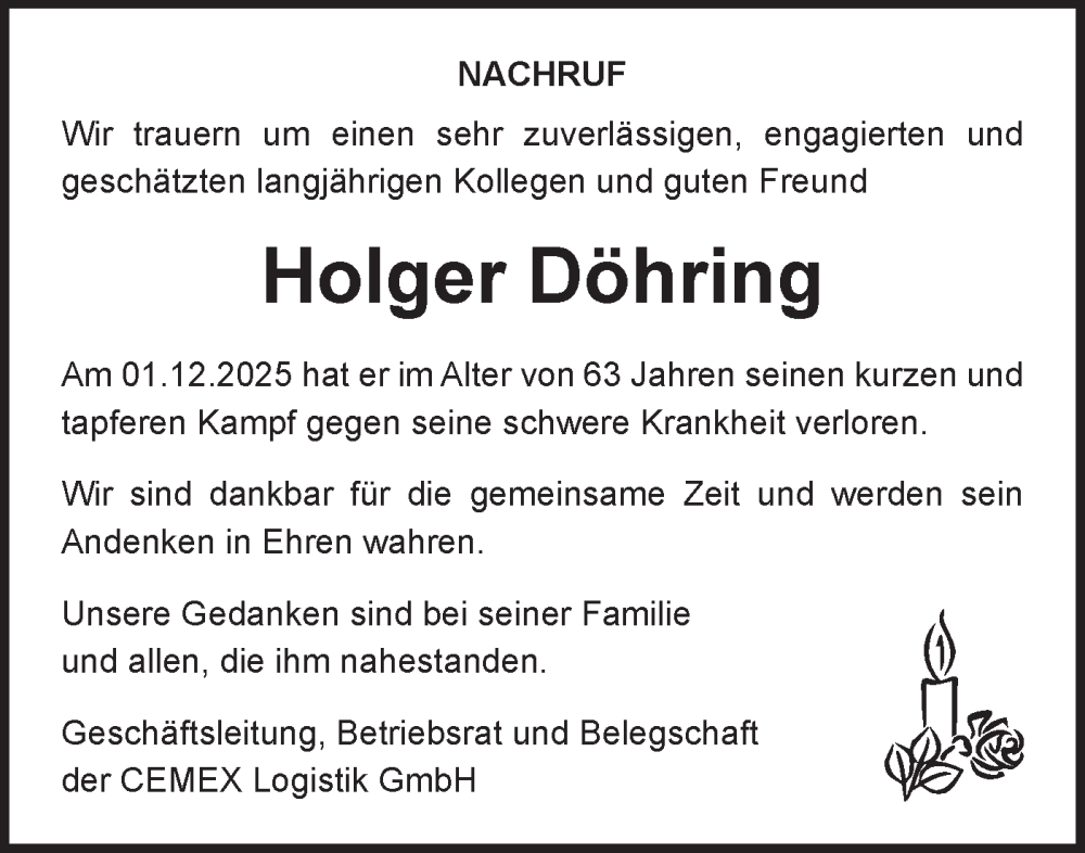  Traueranzeige für Holger Döhring vom 13.12.2025 aus Märkische Oderzeitung
