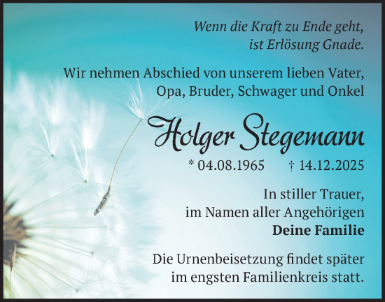 Traueranzeige von Holger Stegemann von Märkische Oderzeitung