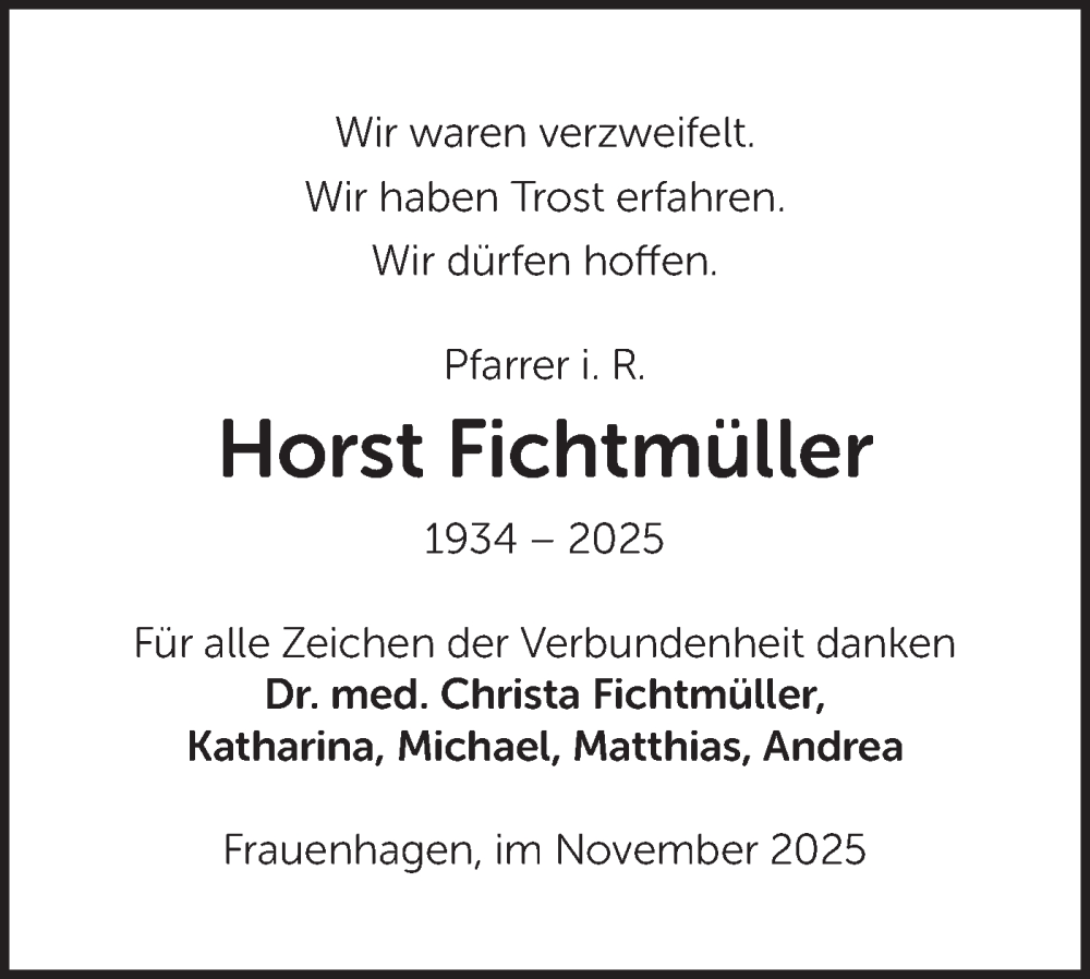  Traueranzeige für Horst Fichtmüller vom 06.12.2025 aus MO Uckerm.-Anz.