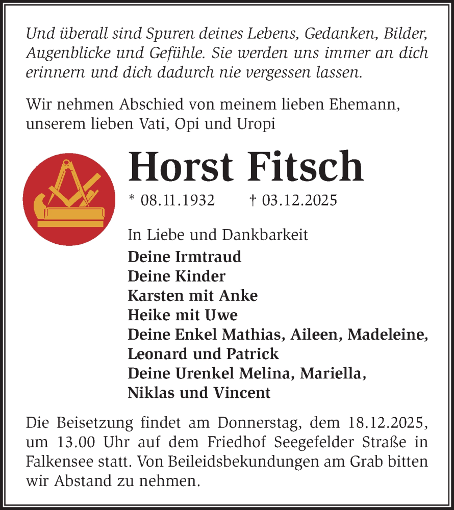  Traueranzeige für Horst Fitsch vom 13.12.2025 aus Märkische Oderzeitung
