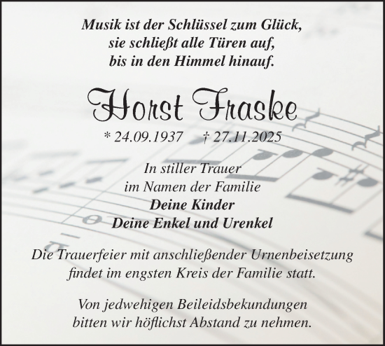 Traueranzeige von Horst Fraske von Blickpunkt Jüterbog/Luckenwalde