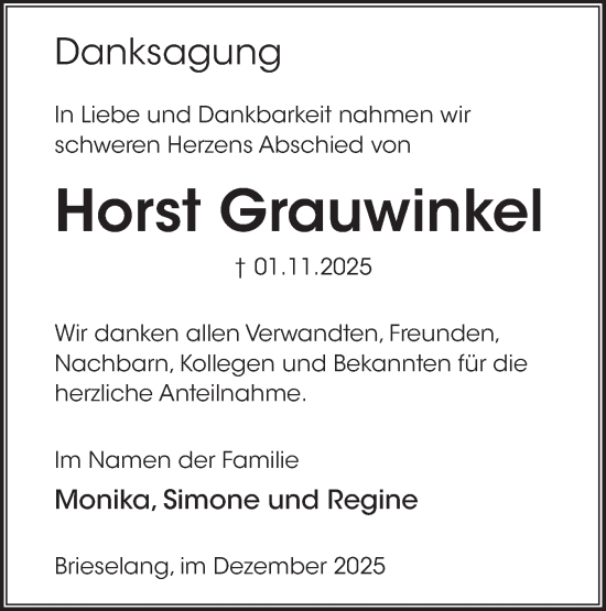 Traueranzeige von Horst Grauwinkel von Märkische Oderzeitung