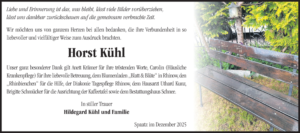  Traueranzeige für Horst Kühl vom 06.12.2025 aus Märkische Oderzeitung