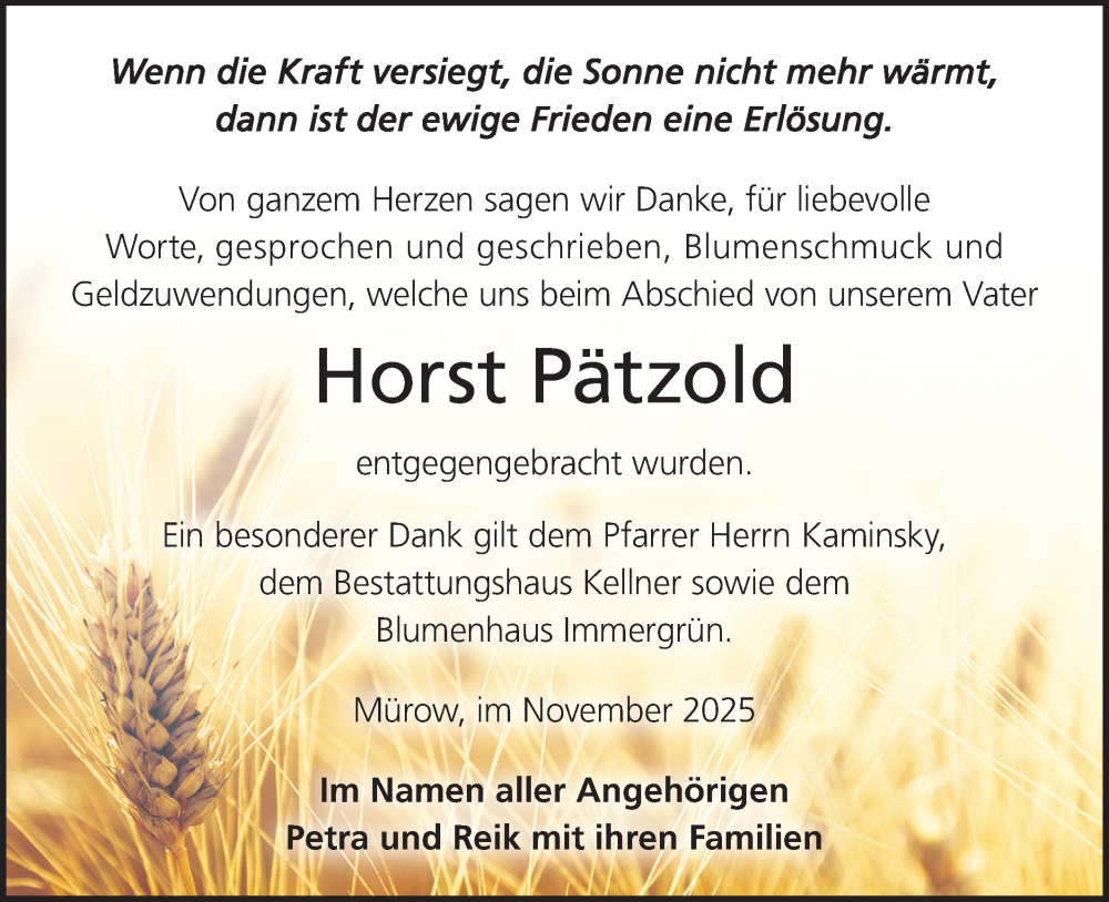  Traueranzeige für Horst Pätzold vom 13.12.2025 aus MO Uckerm.-Anz.