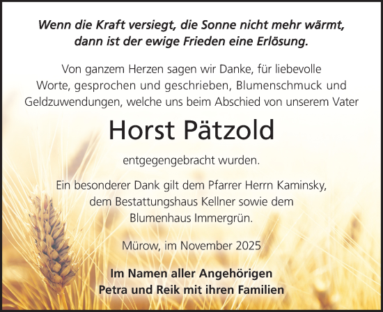 Traueranzeige von Horst Pätzold von MO Uckerm.-Anz.