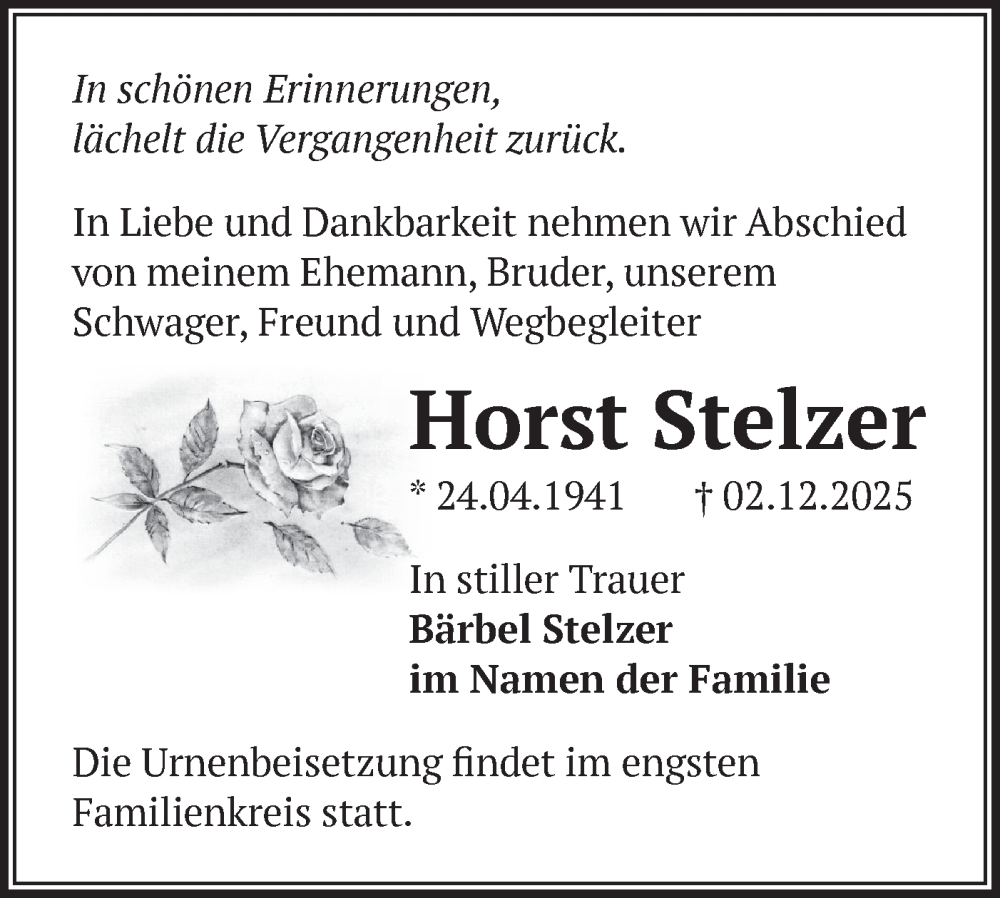  Traueranzeige für Horst Stelzer vom 13.12.2025 aus Märkische Oderzeitung