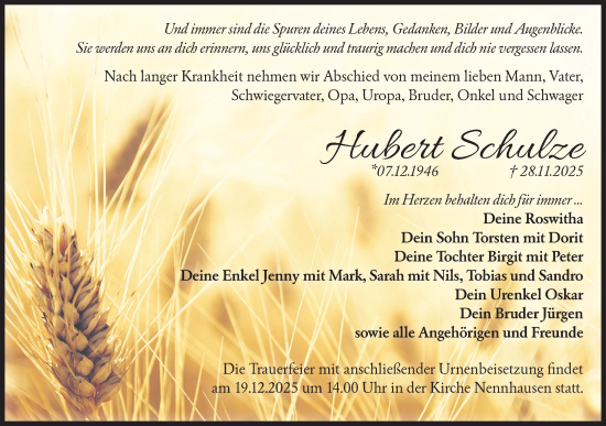 Traueranzeige von Hubert Schulze von Märkische Oderzeitung