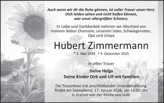 Traueranzeige von Hubert Zimmermann von Märkische Oderzeitung