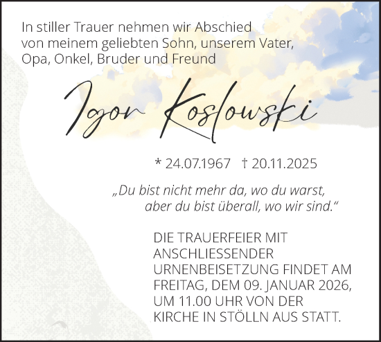 Traueranzeige von Igor Koslowski von Märkische Oderzeitung