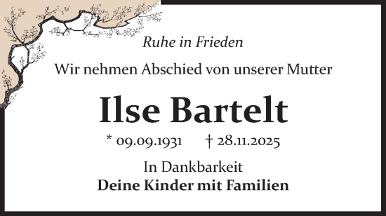 Traueranzeige von Ilse Bartelt von Märkische Oderzeitung