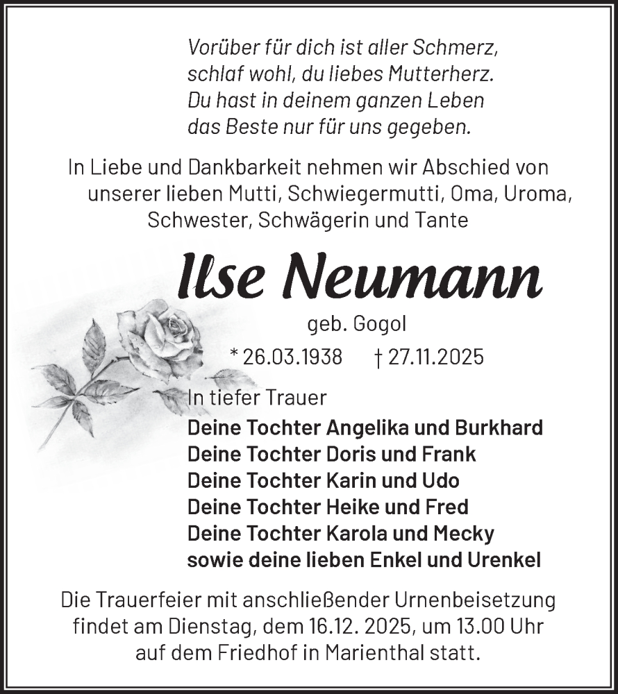  Traueranzeige für Ilse Neumann vom 06.12.2025 aus Märkische Oderzeitung