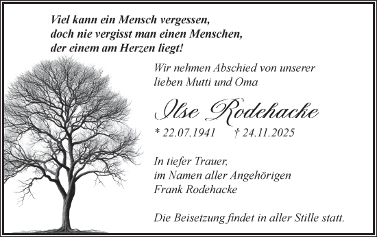 Traueranzeige von Ilse Rodehacke von Blickpunkt Jüterbog/Luckenwalde