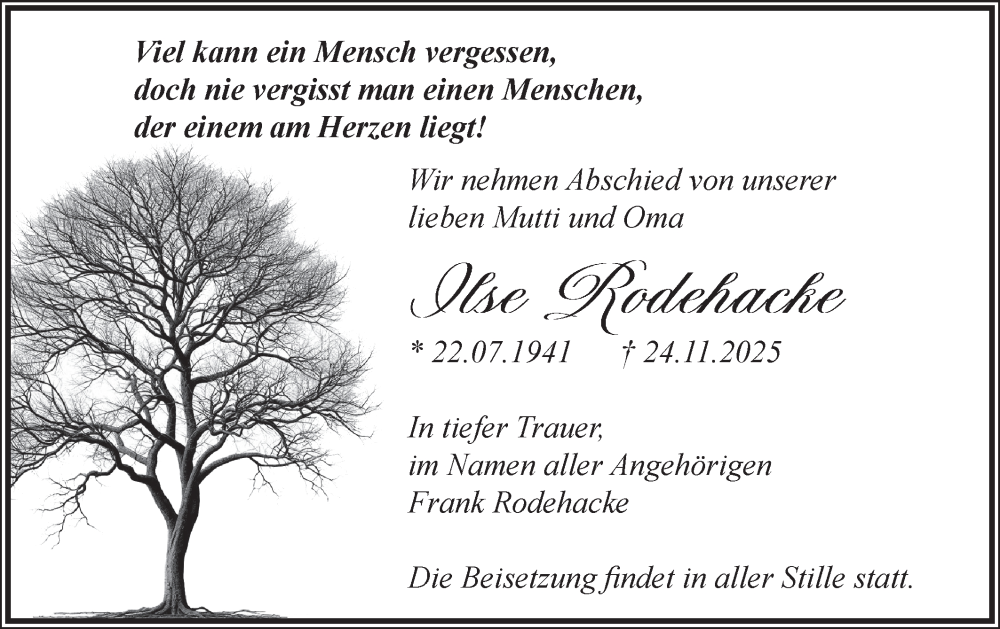  Traueranzeige für Ilse Rodehacke vom 06.12.2025 aus Blickpunkt Jüterbog/Luckenwalde