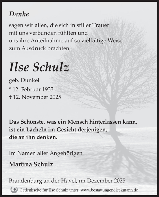 Traueranzeige von Ilse Schulz von Märkische Oderzeitung
