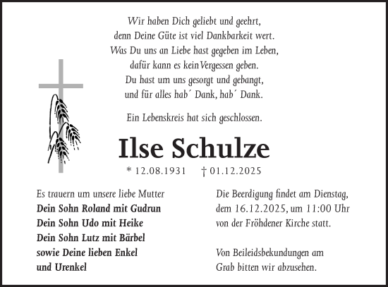 Traueranzeige von Ilse Schulze von Blickpunkt Jüterbog/Luckenwalde