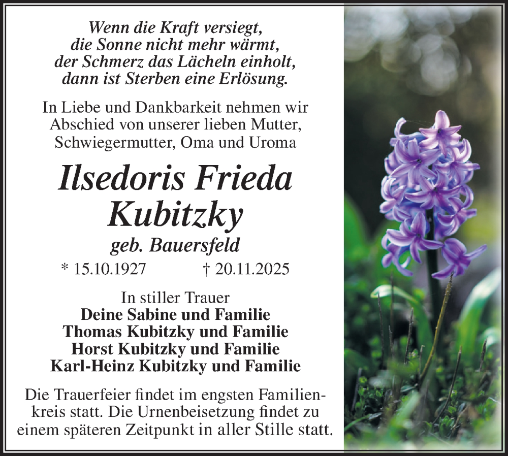  Traueranzeige für Ilsedoris Frieda Kubitzky vom 06.12.2025 aus Märkische Oderzeitung